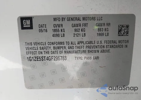 2016 Chevrolet Malibu 1Lt из США, поврежденный, VIN 1G1ZE5ST4GF296783